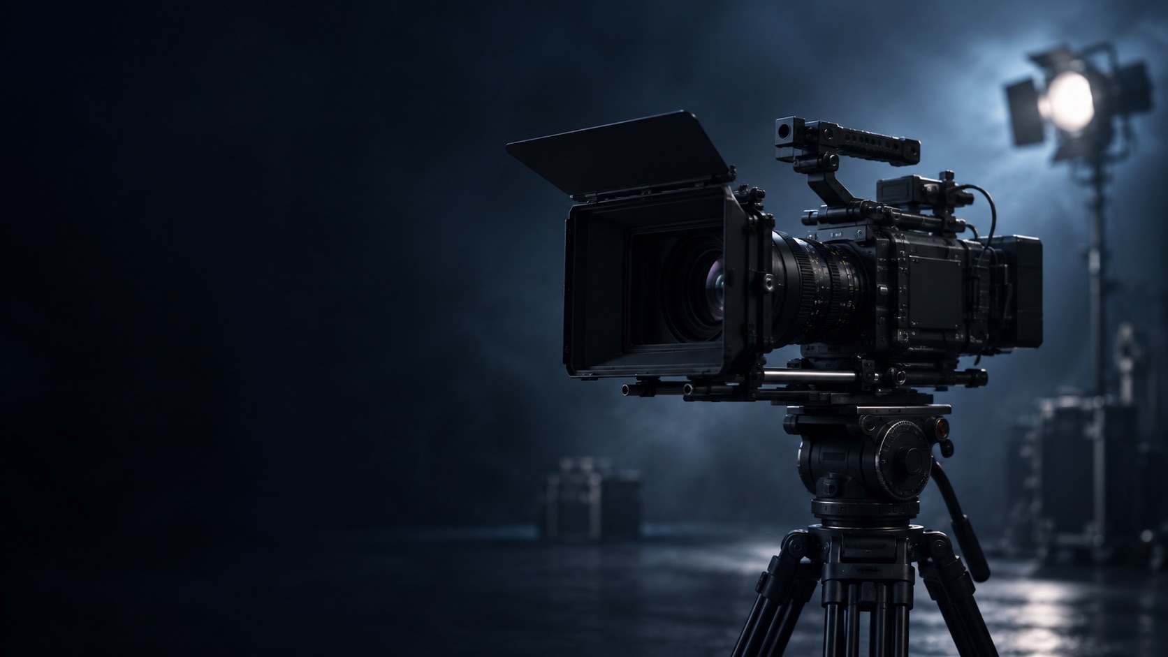 Filmische sfeerimpressie van een camera op een donkere set